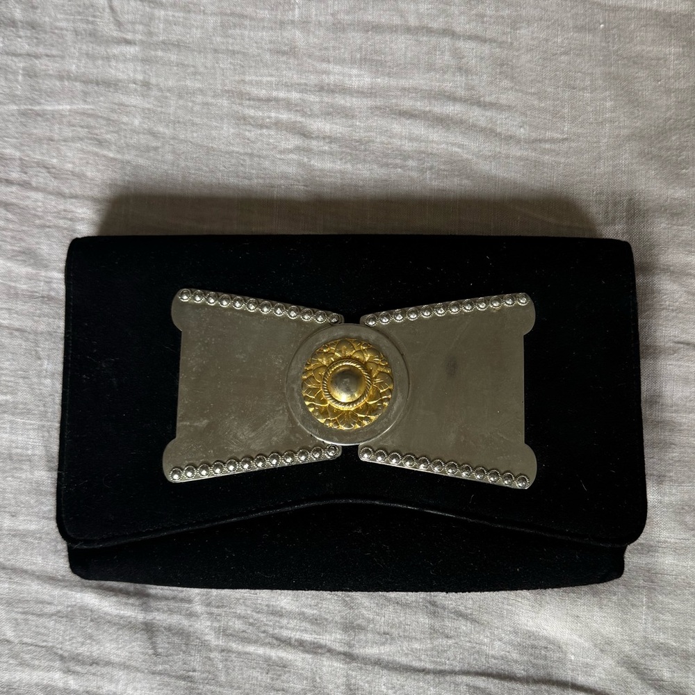 Vintage John Hort Velvet Black Clutch with Silver and Gold Bow Accent